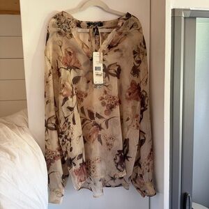 RALPH LAUREN Tan Sheer Georgette Floral Split Neck Tunic Top Petite M